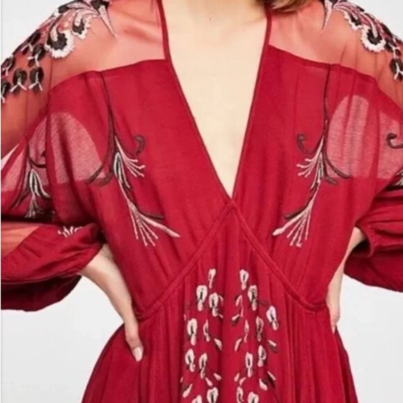 Free People Bonjour Red Floral Embroidered Long Sleeves Mini Dress - Picture 3 of 10